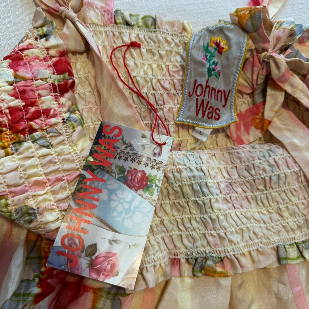 Johnny Was Cream and Red Smocked Tie Front Tank Top - Picture 6 of 8